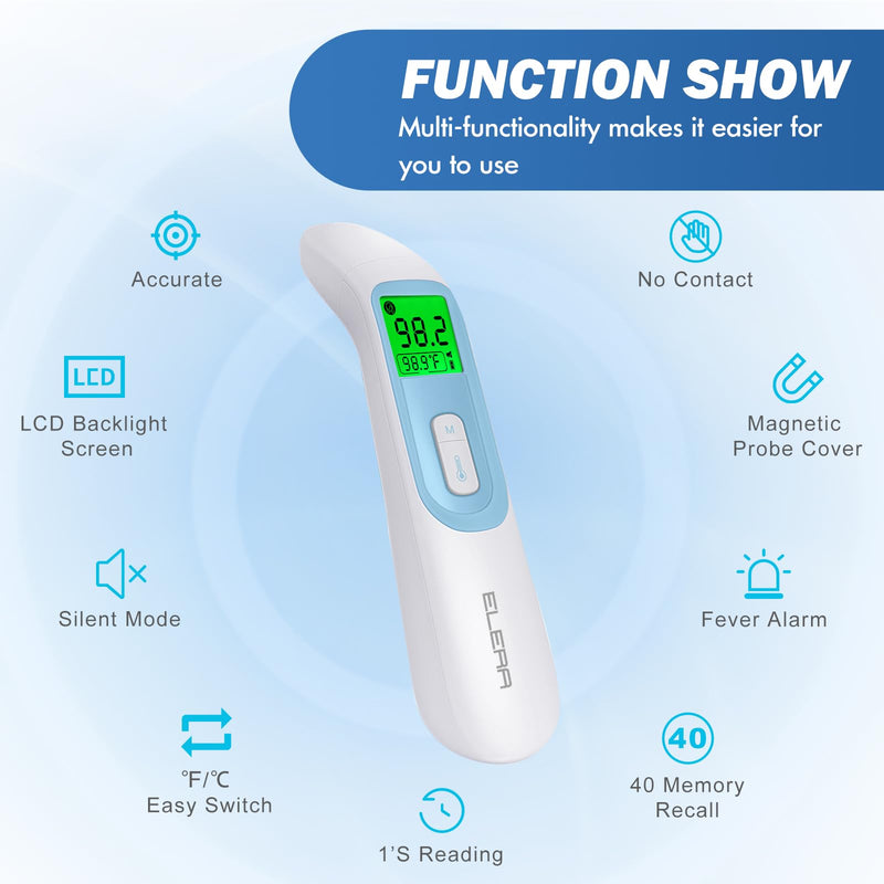Ear Thermometer for Baby, ELERA Infrared LCD Thermometer with Automatic Switching Mode of Ear & Forehead, 1s Measurement, 4 Color Backlight Display with Fever Indicator