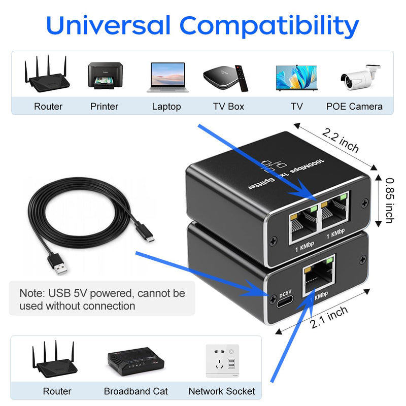 Ethernet Splitter 1000 Mbps High Speed, RJ45 Internet Cable Splitter 1 to 2 - Cat6 Extended Connector Compatible with Cat5/5e/6/7/8 Cable Ethernet Splitter 1 to 2