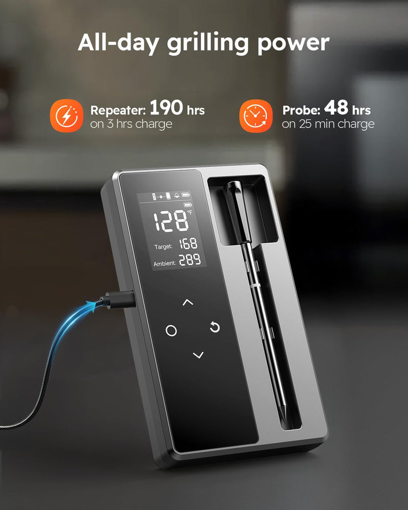 Smart Wireless Meat Thermometer with Ultra-Thin Probe, Digital Food Thermometer 0.5S Instant Read, 600FT Bluetooth Range Real-Time Monitoring & Smart Alerts for BBQ, Grill, Smoker, Oven, Air Fryer 1 Probe