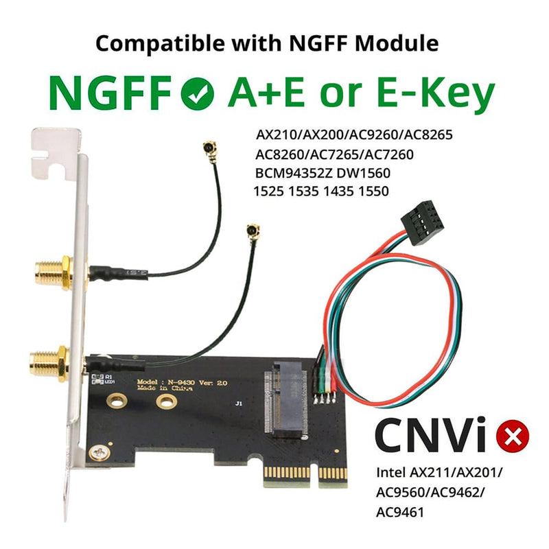 NFHK Wireless NGFF A/E-Key WiFi Card to PCI-E Express 1x Adapter for WLAN Wifi6 Wifi7 Bluetooth A+E-Key to PCI-E Card