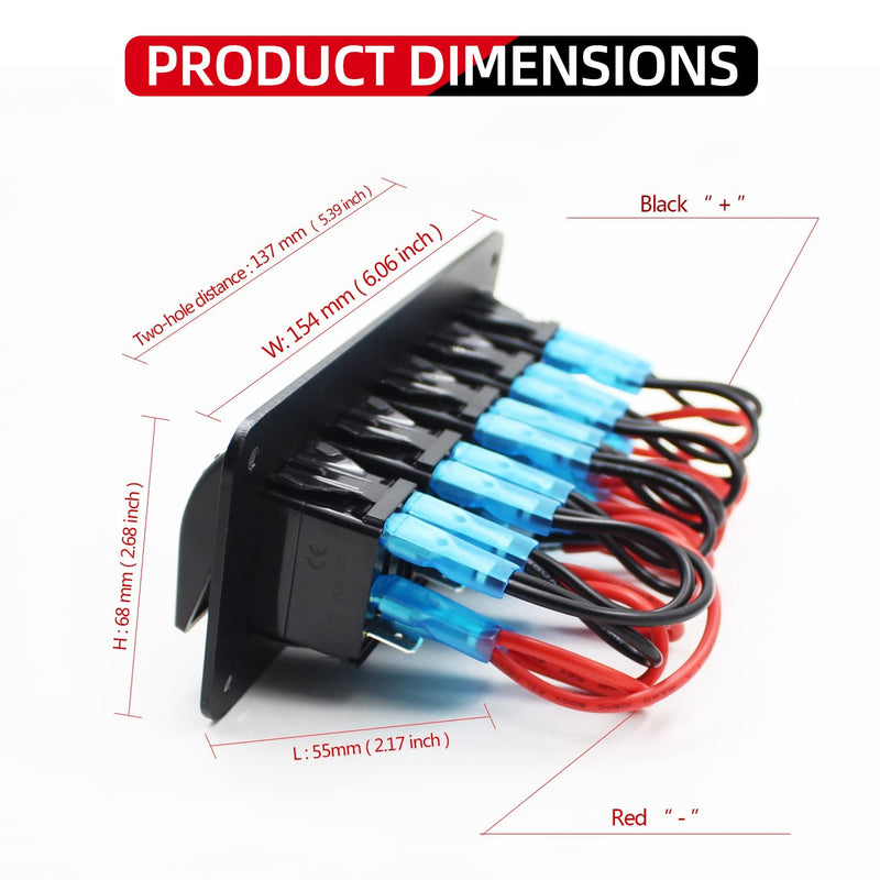 FXC Rocker Switch Aluminum Panel 5 Gang Toggle Switches Dash 5 Pin ON/Off 2 LED Backlit for Boat Car Marine Red 5Gang Red