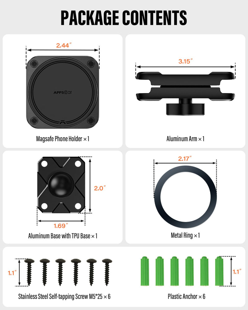 APPS2Car Alloy Magnetic Phone Mount for Boat/Truck/Car/Wall, Drill Base | 20×N55 Strong Magnets, 360° Adjustable, Durable Aluminum&ABS, Heavy Duty Phone Holder for Magsafe iPhone Samsung Most Phones