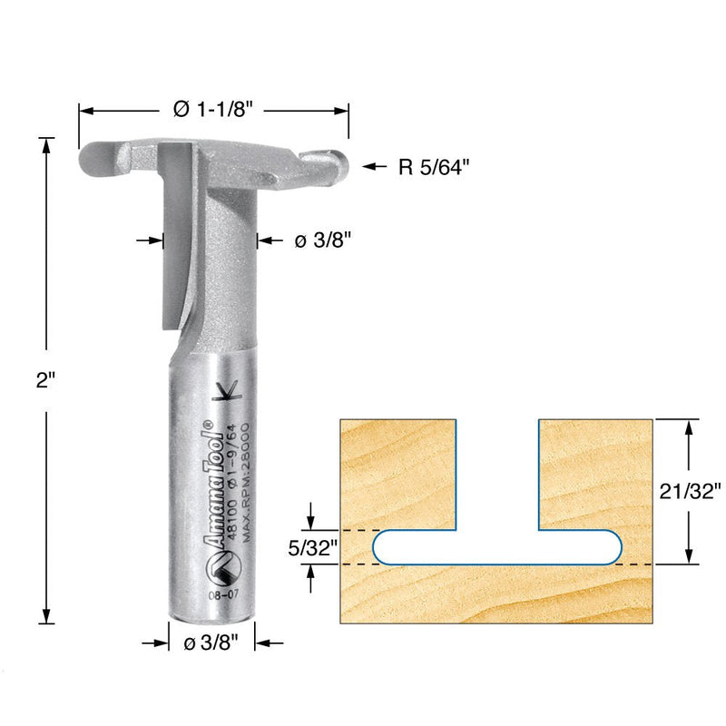 Amana Tool 48100 Carbide Tipped Hinge 1-1/8 D x 21/32 CH x 3/8 SHK Router Bit