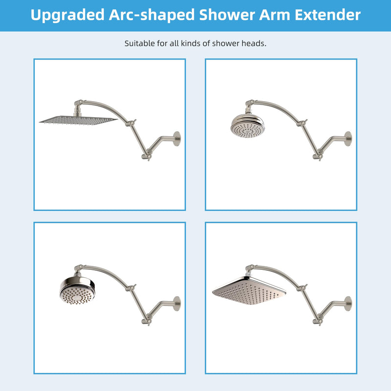 Hibbent Shower Head Extension Arm,16" Solid Brass Adjustable Extender with Lock Joint, Standard 1/2", Rise or Lower Rainfall and Fixed Shower Head,Height/Angle Adjustable Extension Arm, Brushed Nickel 16 Inch