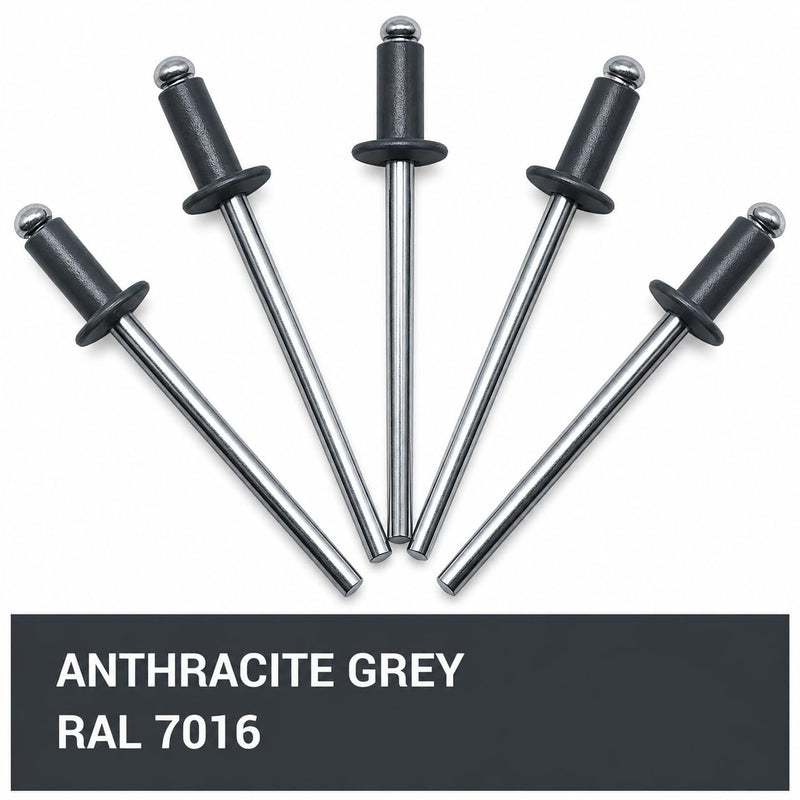 (Pack of 1000) Painted Blind Rivets 1/8" x 5/16" (3.2 x 8 mm), Dome Head, DIN 7337, Aluminium Rivets and Steel Mandrel, Pop Rivets, Anthracite Grey RAL 7016