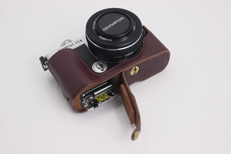 E-P7 Case, BolinUS Handmade Genuine Real Leather Half Camera Case Bag Cover for Olympus Pen E-P7 EP7 Bottom Opening Version + Hand Strap (Coffee) Coffee
