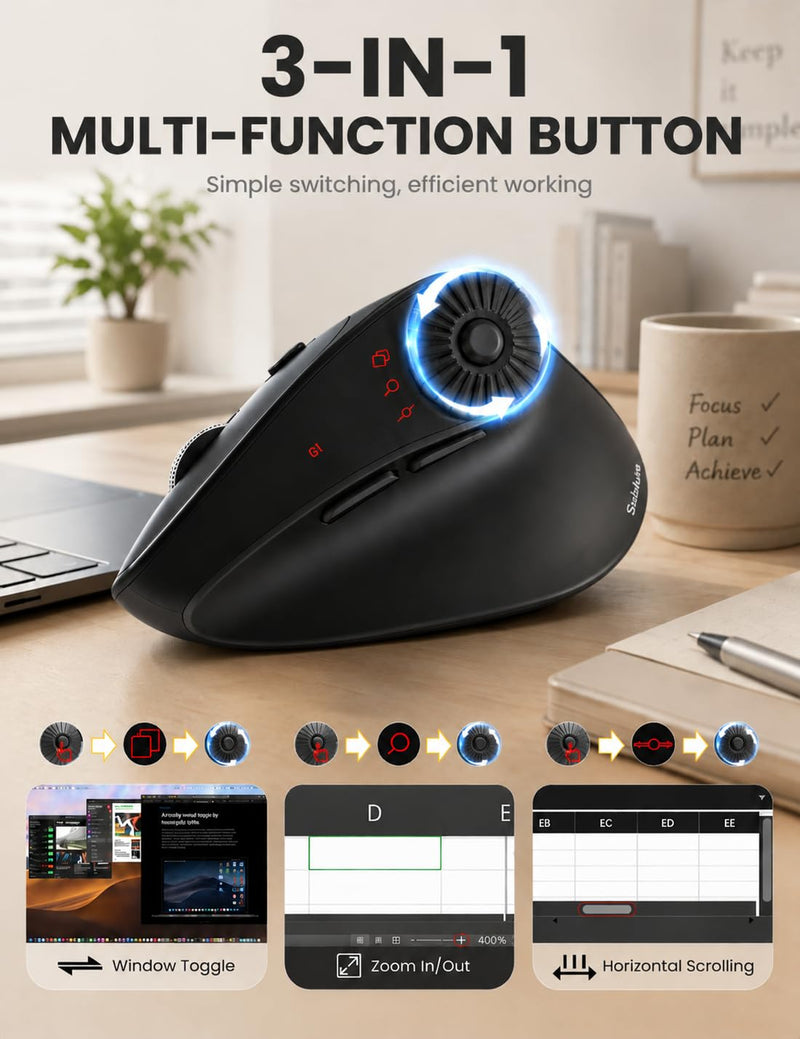 SABLUTE MAM51 Ergonomic Mouse, Bluetooth Mouse with Side Scroll Wheel | Wireless Mouse for Small to Medium Hands, High 4000 DPI, 8 Buttons, Bluetooth/2.4GHz Vertical Mouse for Windows, Mac Black