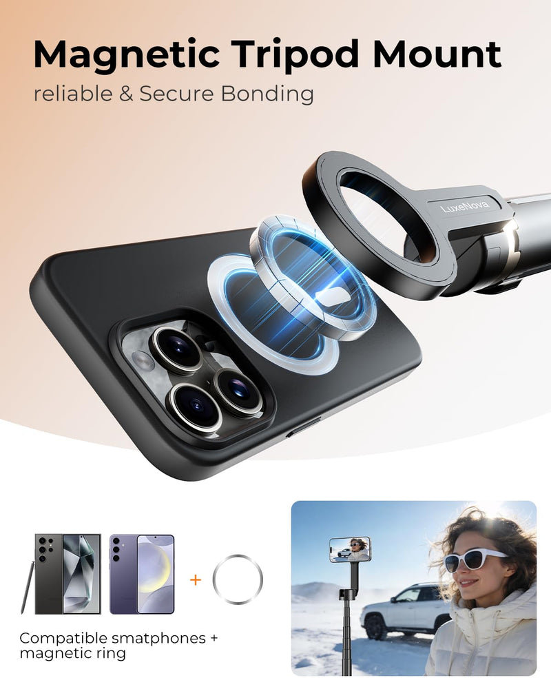Magnetic Selfie Stick Tripod 72 Inch for iPhone MagSafe, Extendable Phone Tripod Stand with Bluetooth Remote, 360° Rotation Aluminum Selfie Stick for Travel, Vlog, TikTok Black