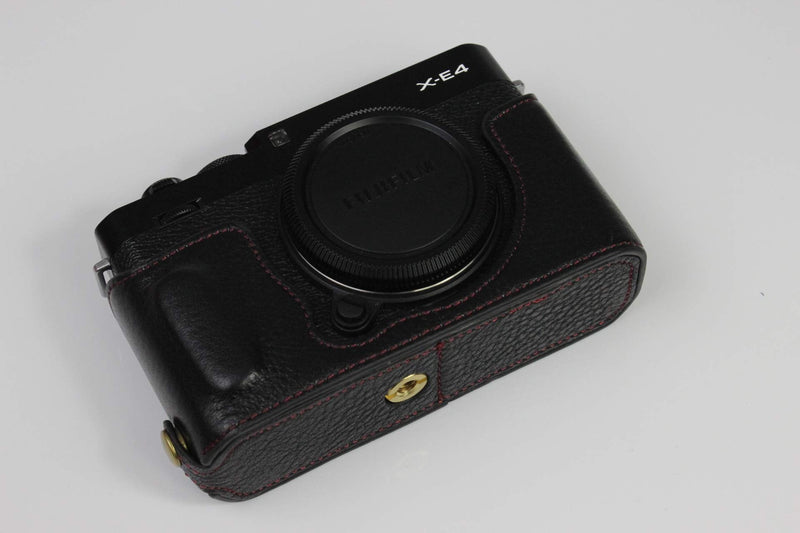 X-E4 Case, BolinUS Handmade Genuine Real Leather Half Camera Case Bag Cover for Fuji Fujifilm X-E4 XE4 Bottom Opening Version + Hand Strap (Black) Black