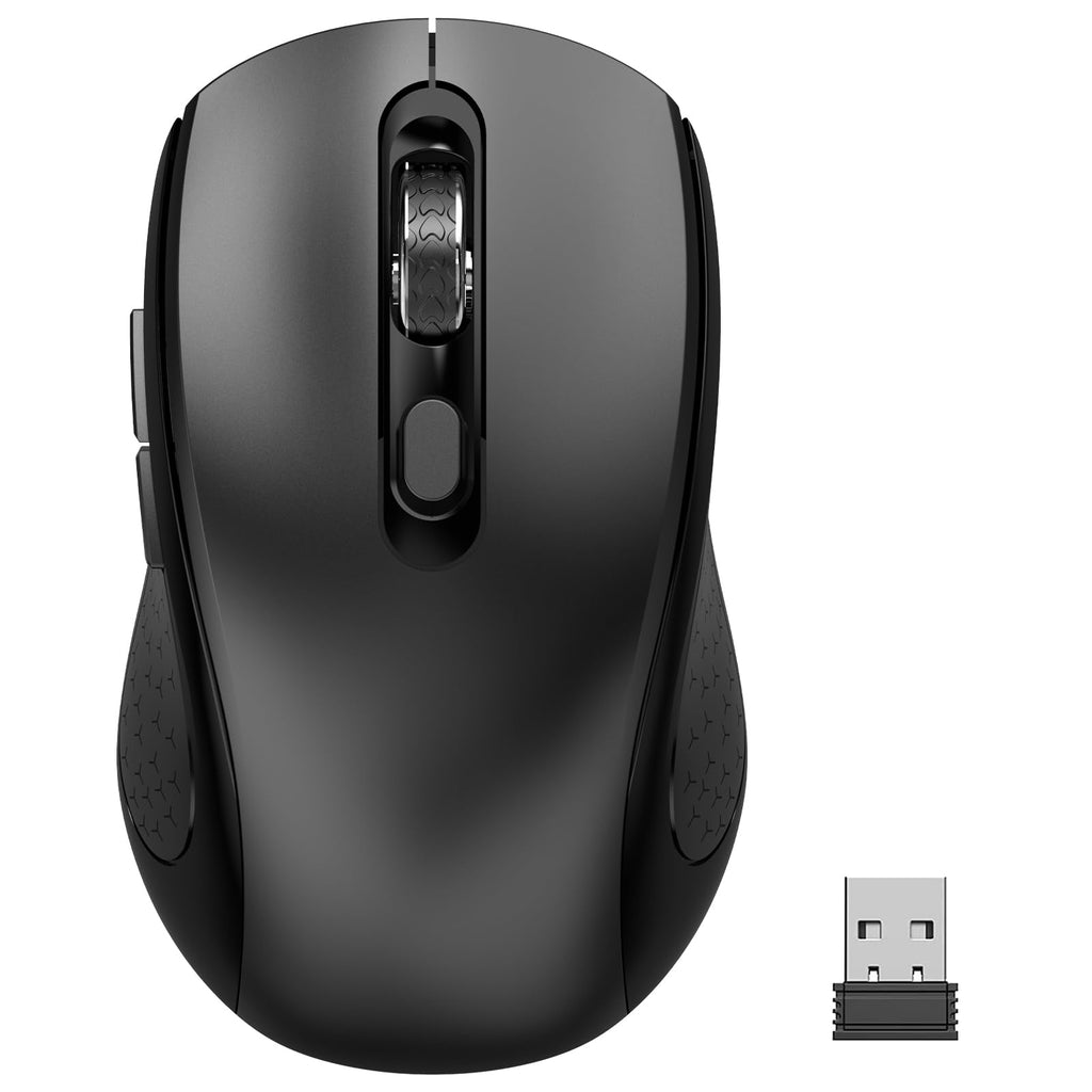 Ergonomic Wireless Optical Mouse Compatible with PC Laptop Mac Chromebook, 6 Button Silent Click Mouse with Side Button, USB Portable Mouse Adjustable DPI - Black