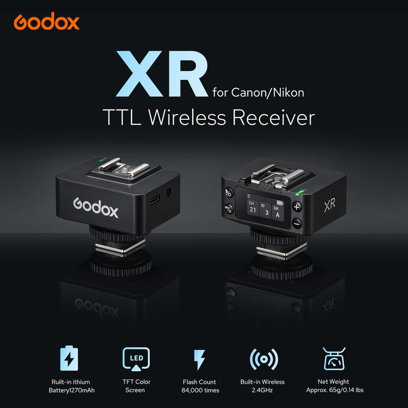 Godox XR-C XR-N TTL Wireless Flash Receiver for Canon Nikon, 2.4G HSS Trigger Sync with X3/X3Pro, 32 Channels Wireless Shutter Release, Built-in Battery, Upgrade of X1R XRS
