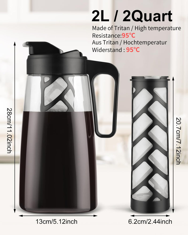 Sivaphe Large Ice Cold Coffee Maker 2 Quart, Dishwasher Safty Traitan Carafe Pitcher Leak Proof, Reusable Filter 64 oz Iced Hot Coffee Tea Method Brewer Black+clear