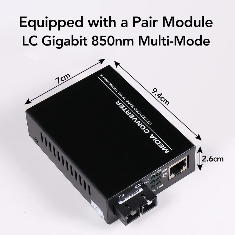 A Pair 2 Pack Multi-Mode Dual SC Fiber Gigabit Fast Ethernet Media Converter, Mini 1x 10/100/1000Base-T RJ45 to 1000Base-SC Slot Converter Transceiver, up to 2KM 850-1310-nm, AC 100V~240V Multi-Mode SC Dual Port