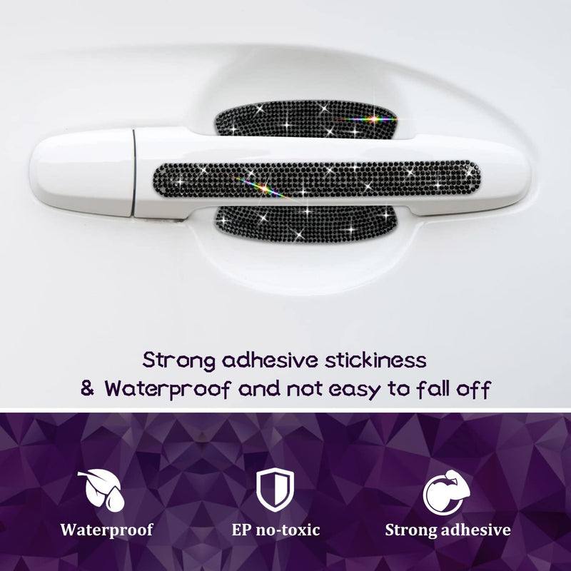 10PCS Car Door Handle Bling Rhinestones Stickers Universal Auto Door Handle Scratch Cover Guard Protective Film Pad with Safety Reflective Strips Black