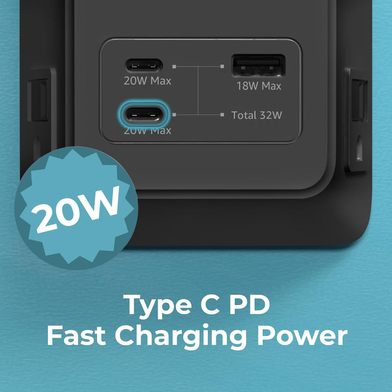 Travel Depot PD USB Wall Charger Surge Protector, 5 Outlet, (Black) | Extender 2 USB C & 1 USBA Charging Ports, Fast Charge 3 Sided Power Strip Multi Plug Outlets Wall Adapter for Home Office Black