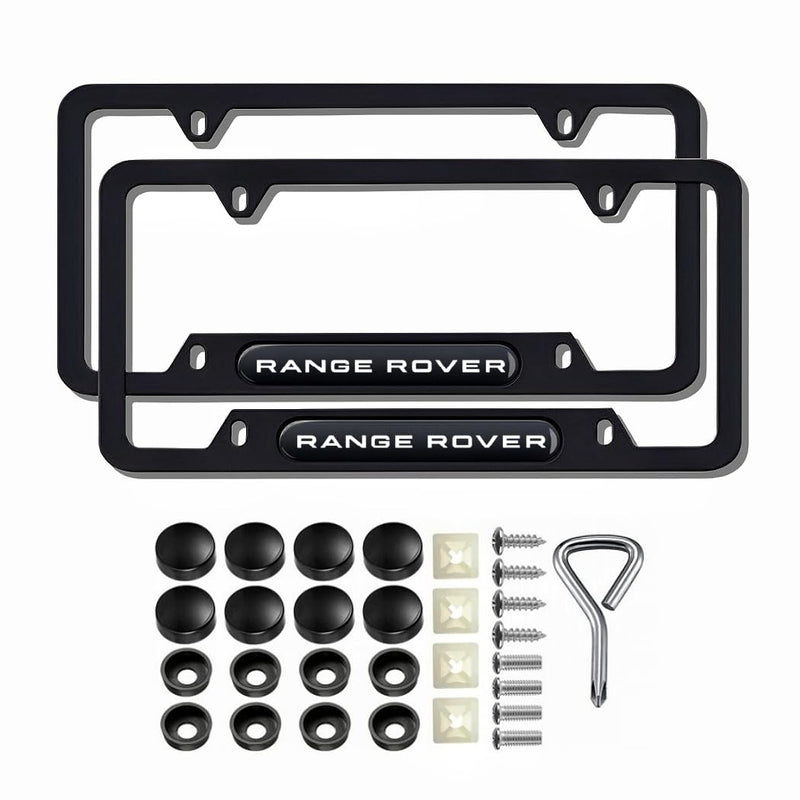 2 Pcs Black License Plate Frames Metal Aluminum Material 4 Holes License Plate Covers Screw Caps Cover Set Compatible with Range Rover RxxxE RxxxR