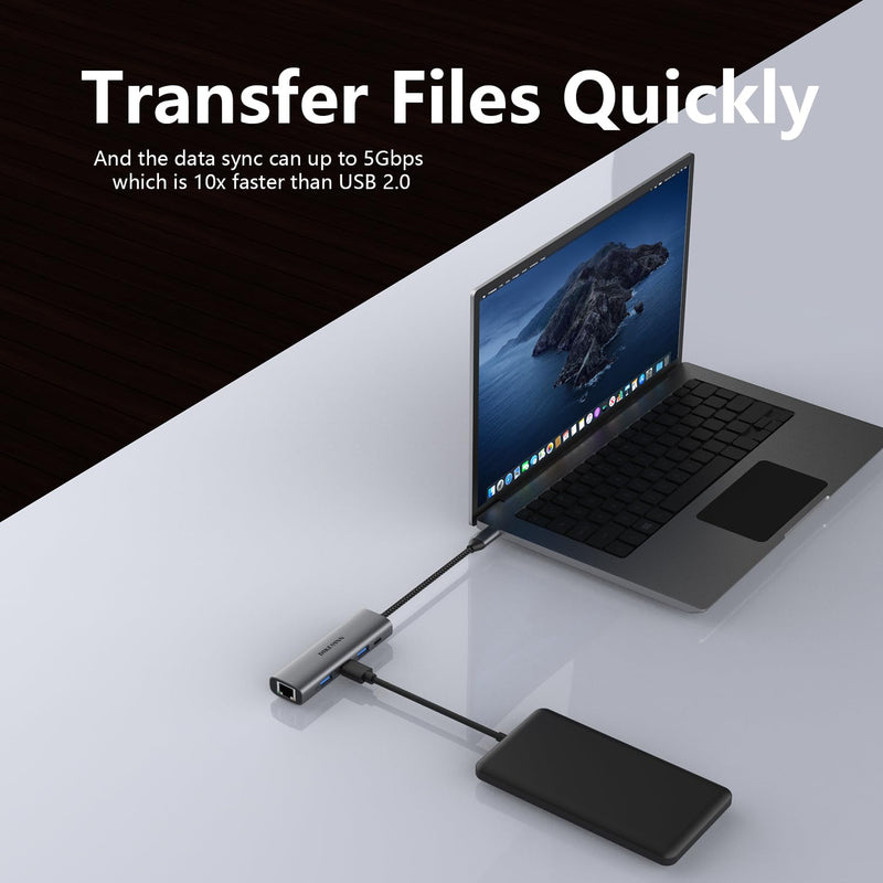 USB 3.0 Hub with Gigabit Ethernet, 3-Port USB-A 5Gbps + USB-C Power Port for MacBook, Dell, HP, Surface (Plug and Play) (USB-C)