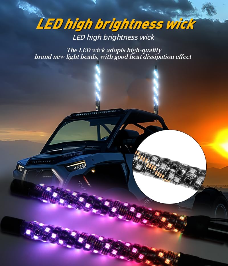 S7 2-pcs Whip Lights, LED Whip Light with App & Remote Control, Spiral RGB Chasing Lighted Antenna Whips,Whip Light for UTV ATV RZR SXS Can-Am Dune Buggy Offroad Truck (1ft) 1ft