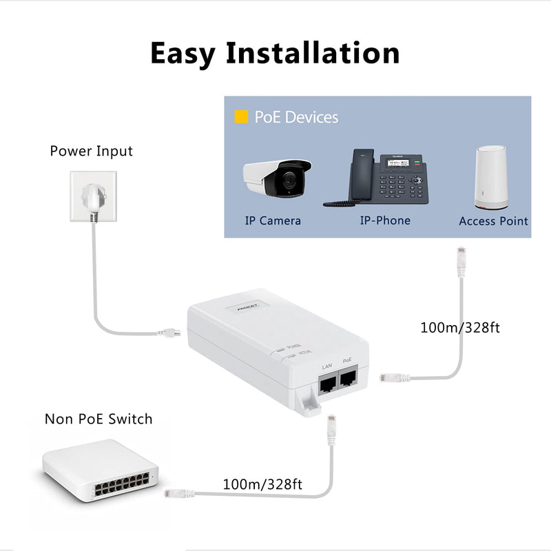 10Gbps PoE++ Injector 60W IEEE802.3bt/at/af Compliant, Supplies 15.4W or 30W or 60W Power Over Ethernet Distances Up to 328ft, PoE Injector Adapter for Camera/Access Point, EN60GB-10