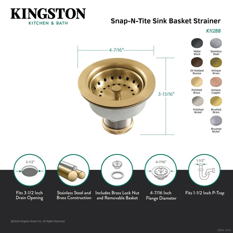 Kingston Brass K112PB Tacoma Kitchen Sink Basket Strainer, Polished Brass 4.44 x 4.44 x 3.81