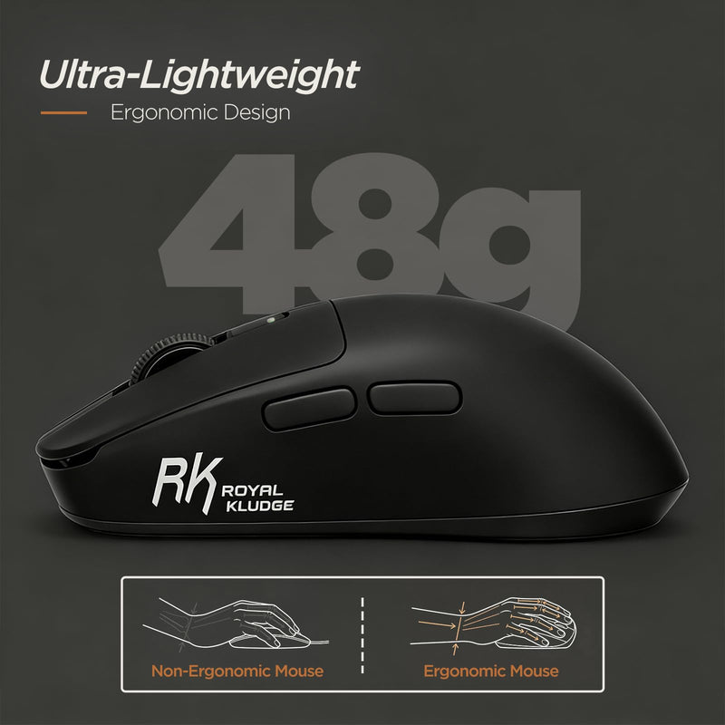 RK ROYAL KLUDGE MO3 Wireless Gaming Mouse, 48g Lightweight PC Mice, Black | Bluetooth/2.4G/Wired Rechargeable Computer Mouse, 5 Programmable Buttons, Gaming Sensor, 6000 DPI, Online Software on Win/Mac