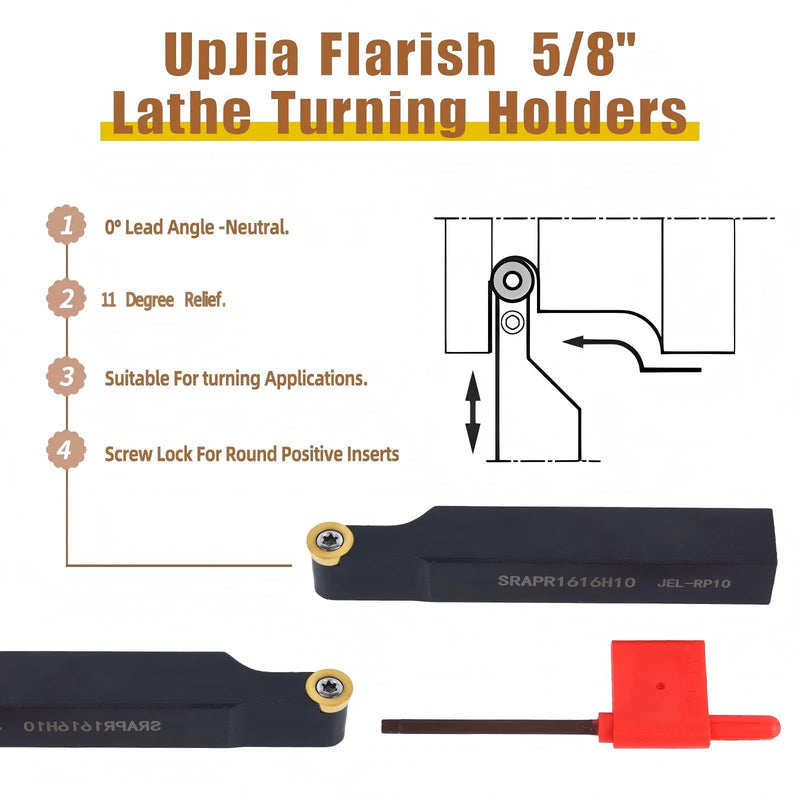 UpJiaFlarish Carbide Lathe Tool with Blade Holder - 5/8 inch SRAPR1616H10 & SRAPL1616H10 + 10pcs Carbide Inserts RPMT10T3 for Metal Lathe Cutting Tool circular 10