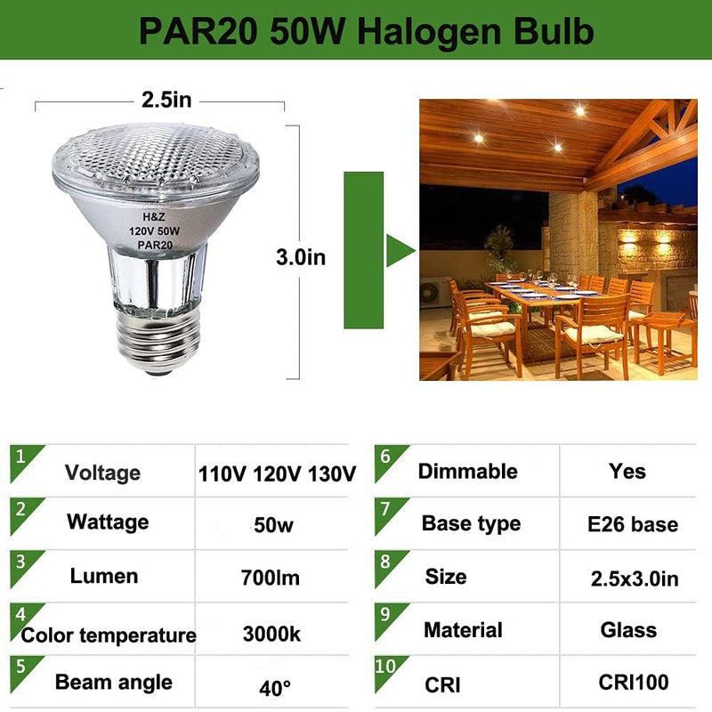H&Z PAR20 Bulbs - 6PCS 50W 120V Dimmable Flood Lights, High Brightness & CRI100, E26 Base, 3000K Warm White PAR20 Bulbs for Recessed & Track Light par20 50w 6p