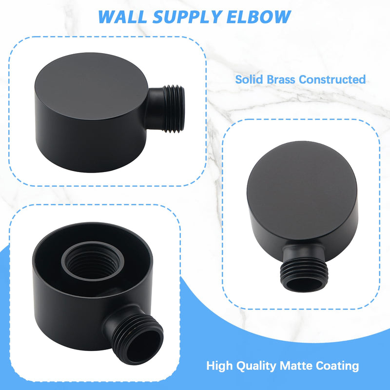 Wall Supply Elbow for Handshower, Brass Round Wall Mount Shower Hose Connectorm1/2"for Handheld Hand Shower-Matte Black Matte Black