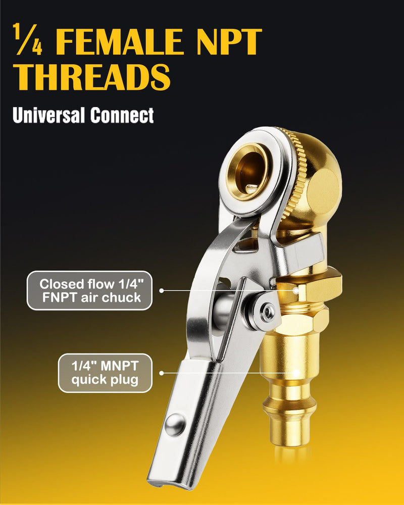 2-Pack Heavy Duty/Ball Clip Air Chuck Set, 1/4" FNPT Closed Flow Tire Chuck Inflator Nozzle, Compatible with Schrader Valves, Quick Connect Plug, Pure Brass. Ball Clip + Heavy Duty