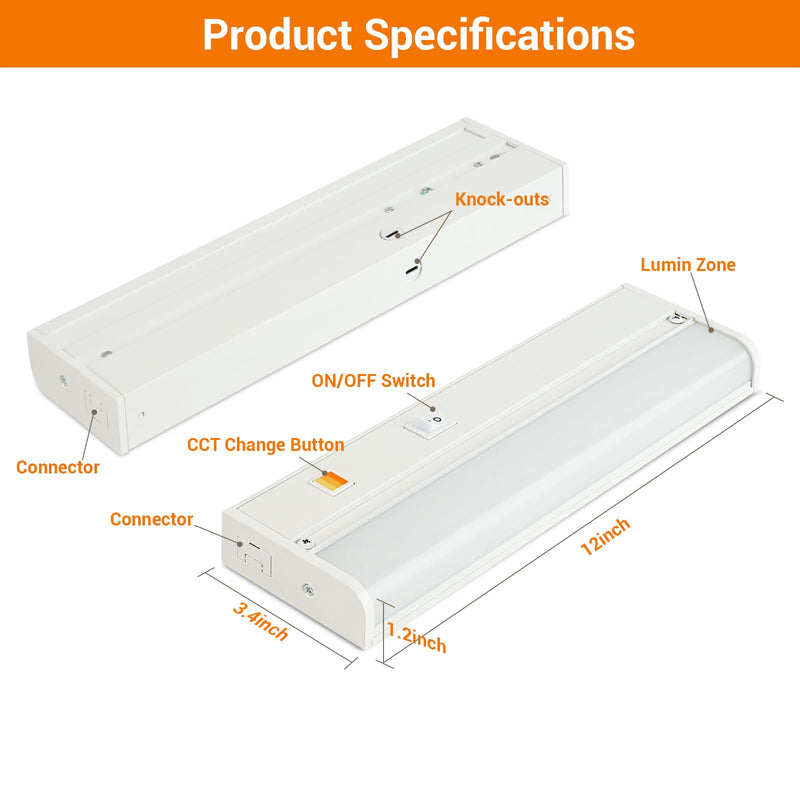 Dawnrise 18" Hardwired Under Cabinet Light,Linkable,970 Lumens,3 Color Selectable,Brightness Adjustable,Under Counter Lights for Kitchen,Wide Luminous Surface,White Finish,Metal Base(1 Pack) 1 Pack 18 Inch