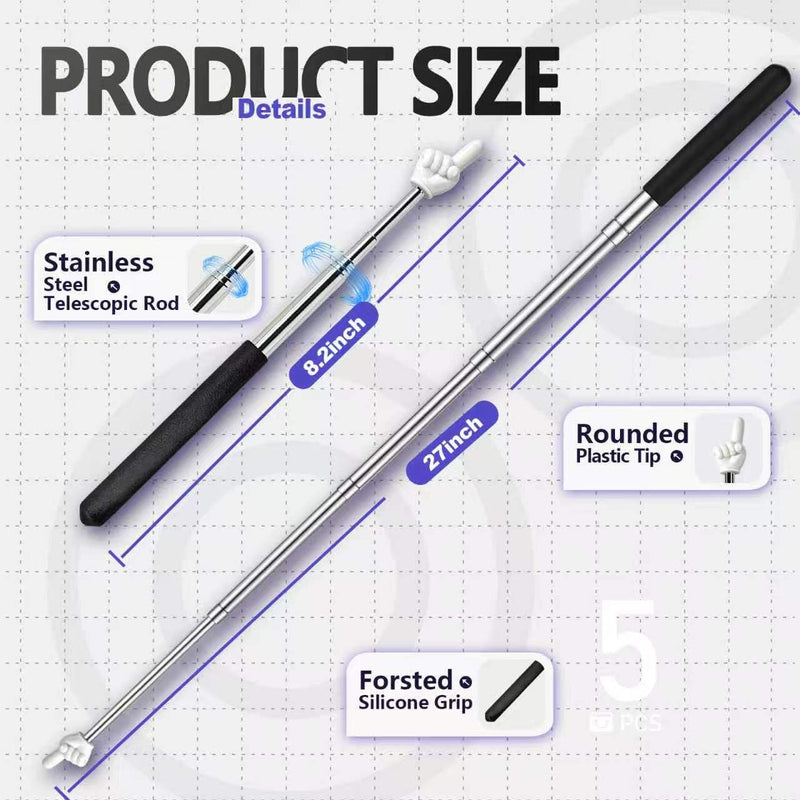 Telescopic Teacher Pointer Stick, 5 Pack Colorful Retractable Finger Hand Pointer, Extendable Pointing Stick for Classroom, Office & Home