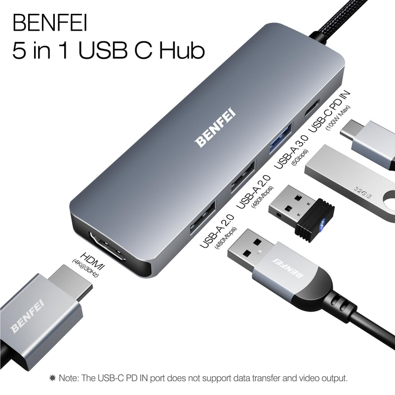 BENFEI 5in1 USB C Hub with 4K HDMI, 3 USB-A, 100W Power Delivery, Silicone and Woven Design Cable, Aluminum Case Compatible with MacBook Pro/Air, iPad Pro, iMac, iPhone 15 Pro/Pro Max, XPS, Thinkpad