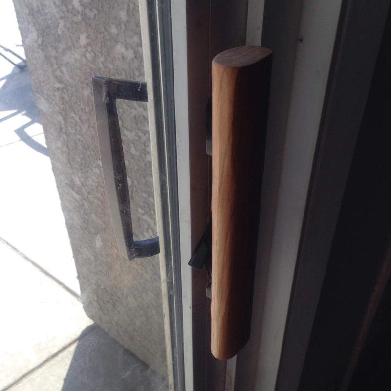 HauSun Sliding Glass Patio Door Handle Set Oak Wood Interior Handle and Exterior Pull in White Diecast Finish+Mortise Lock 45° Keyway Fits 3-15/16” Screw Hole Spacing, Non-keyed with Latch Locks Black