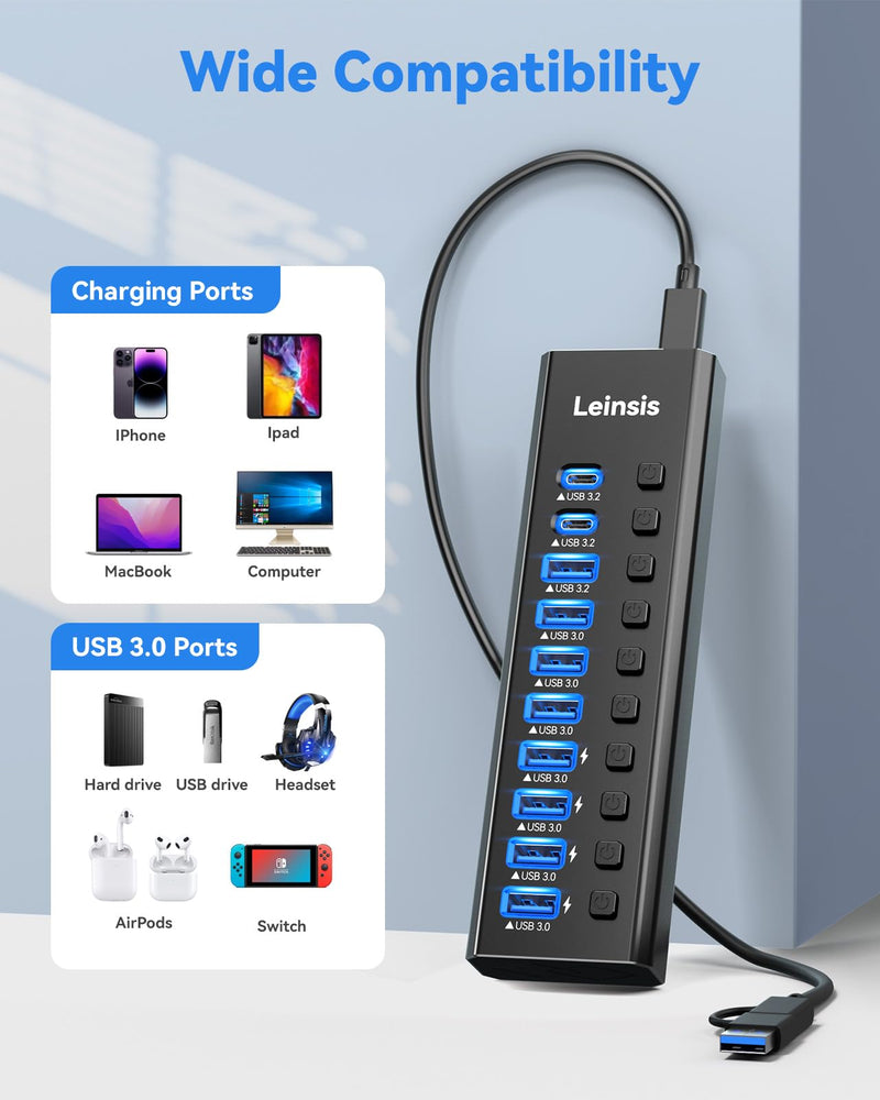Powered USB Hub 3.2, LEINSIS 10-Port USB 3.2/USB C Hub (10Gbps USB-A 3.2 +2 USB-C 3.2 +7 USB 3.0 Ports) with Individual On/Off Switches and 12V Power Adapter, Aluminum USB Hub Powered for Laptop PC 10-Port USB 3.2 Hub light black