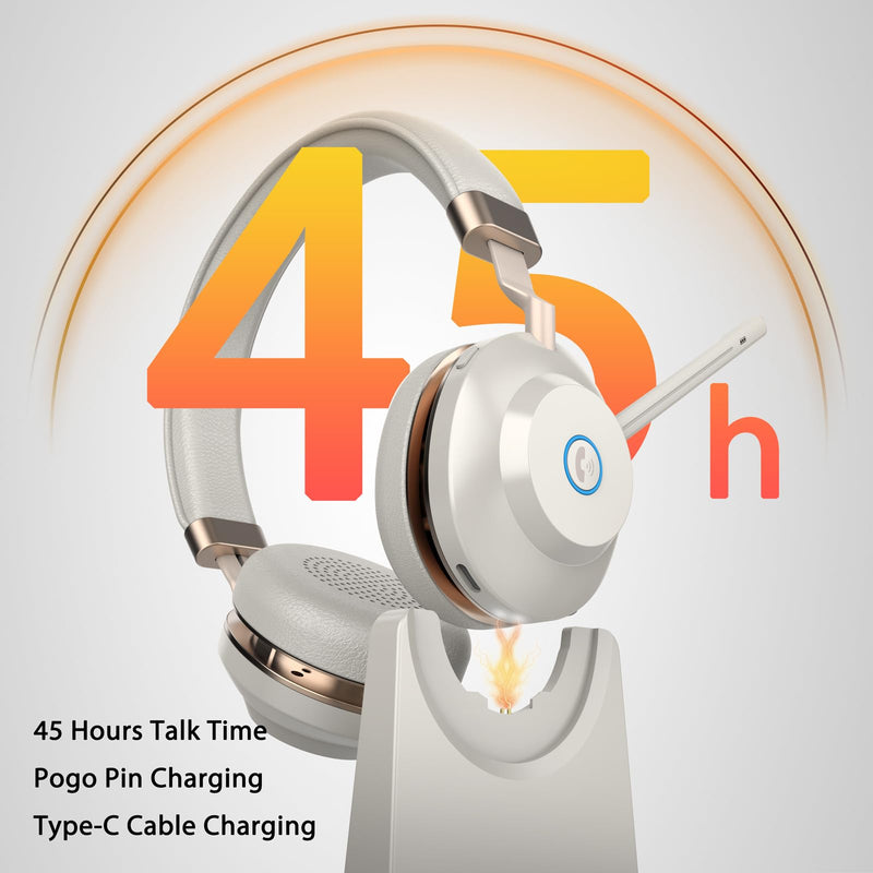 Wireless Headset with Mic for Work, V5.2 Bluetooth Headset with Microphone Noise Canceling & Charging Base, Wireless Headphones with Mic Mute Button & USB Dongle 45Hrs for Laptop/PC/Call Center/Home Gold White