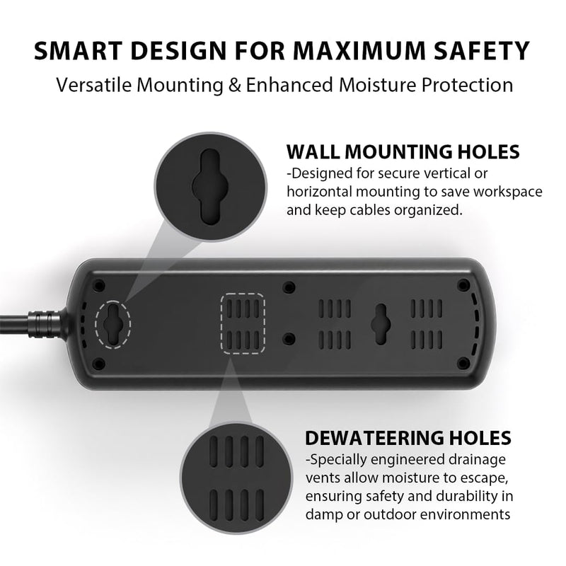 Outdoor Power Strip Weatherproof IPX6, Waterproof Surge Protector with 3 Wide-Spaced Outlets, Flat Plug Heavy Duty Extension Cord for Garden Patio Garage, Wall Mountable, 13A 1625W (Black, 3FT) Black