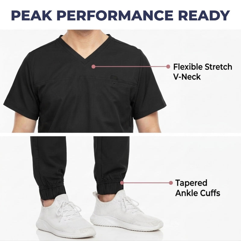 Medichic Men's Workwear Stretch V-Neck Scrub Joggers Set with Seven-Pocket Pants, Available in 6+ Colors Black Medium