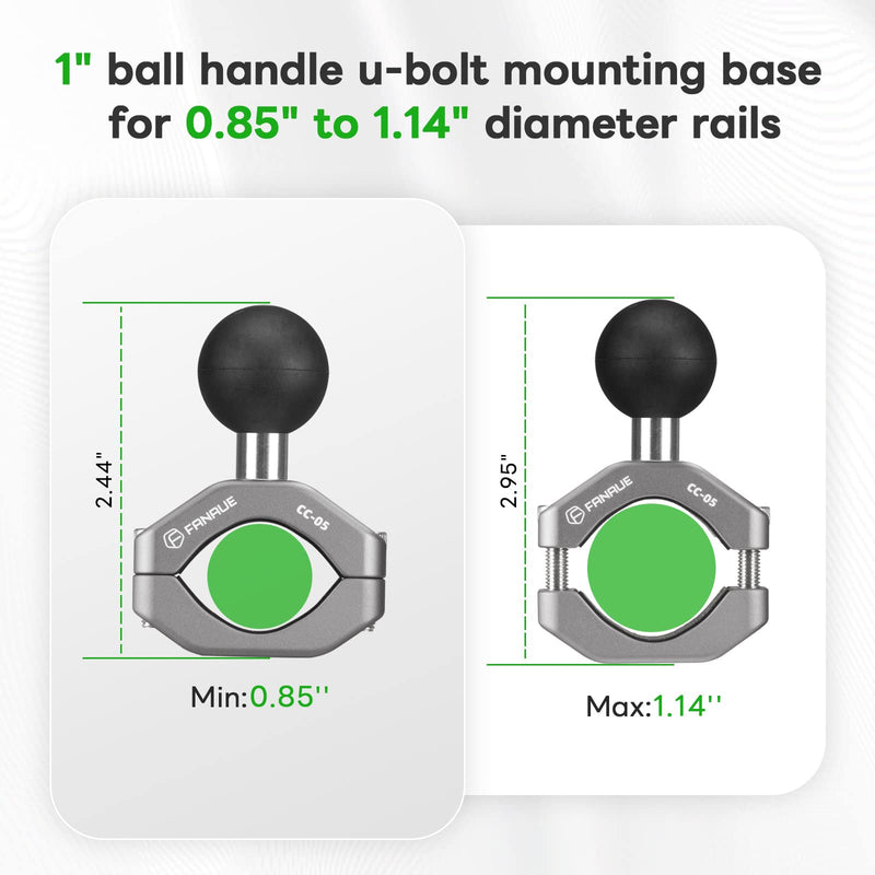 FANAUE Handlebar Clamp Mount U-bolt Base with B Size 1" Ball for 0.85" to 1.14" Diameter Rail, Compatible with RAM Mounts B Size Double Socket Arm & Motorcycle Phone Mount CC-05X
