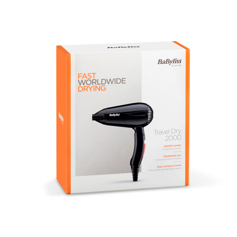 BaByliss Travel Folding Hair Dryer - Lightweight and Powerful 2000W Blow Dryer, Dual Voltage, Worldwide Use, 2 Heat/Speed Settings, Black/Orange, 5334U