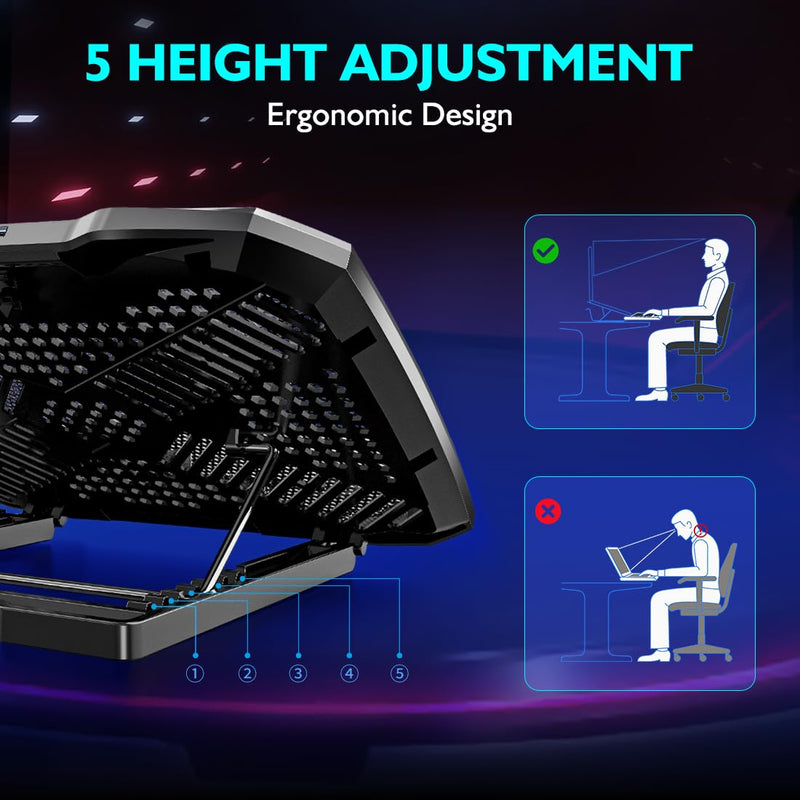 Laptop Cooling Pad Laptop Cooler Stand, Laptop Fan Cooling Pad for 12-15.6 Inch Laptop Notebooks, 5 Quiet Fans, 5 Angle Adjustable Laptop Cooling Stand (Black) Black