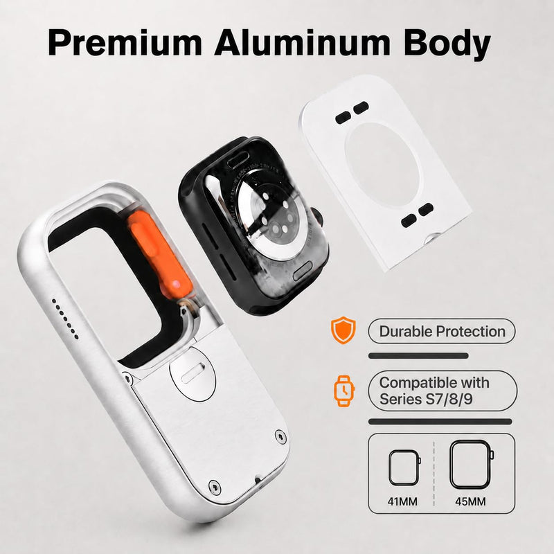 RePod Aluminum Case for Apple Watch S7/8/9 41mm Protective Cover | Retro Music Player Design; Functional Mechanical Scroll Wheel; Premium CNC Metal Handheld Guard; Silver Watch Accessory