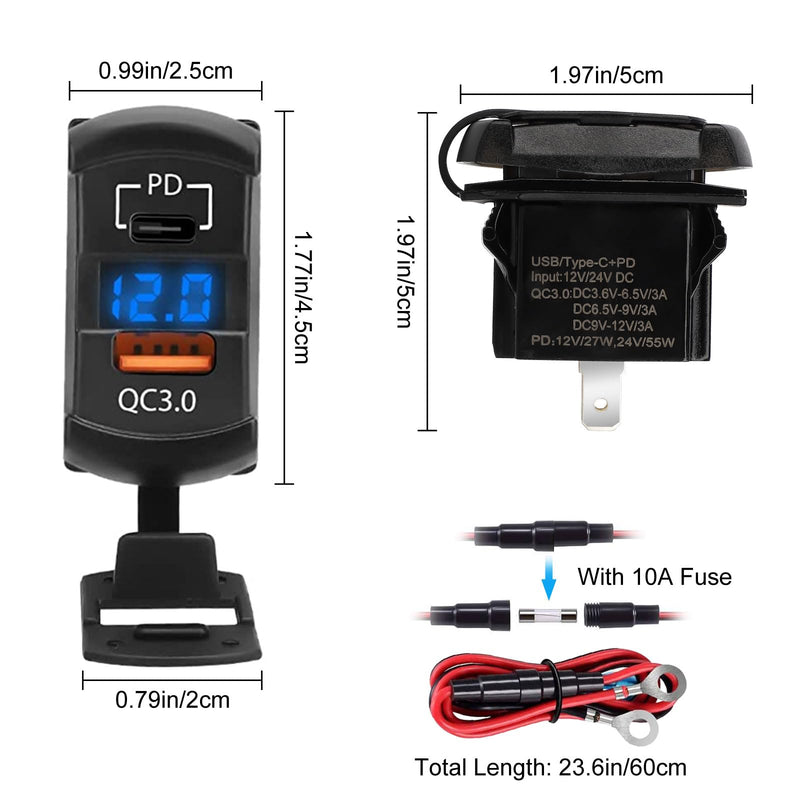 Linkstyle 2PCS 12V USB Outlet, 55W PD USB-C Port & 36W QC3.0 USB-A Port Charger Socket, LED Digital Voltmeter, for Car Marine