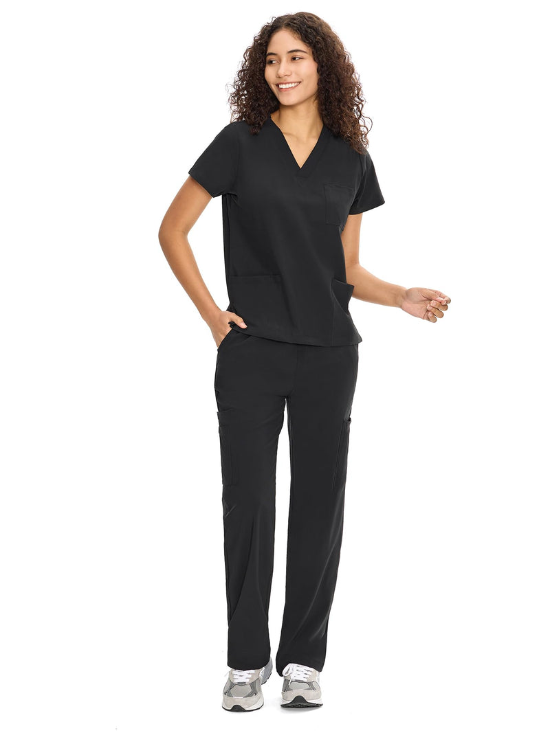 COZYFIT Scrubs for Women Set Medical Uniform - V-Neck Top & Straight Leg Pants with 9 Pockets, Unisex Workwear COZY SCRUBS Standard Small Black