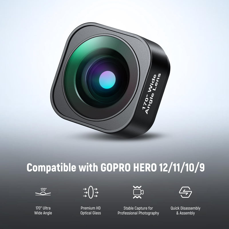 NEEWER 170° Ultra Wide Angle Lens Compatible with GoPro Hero 12 Hero 11 Hero 10 Hero 9 Black Action Camera Lens Accessories, Anti Reflective Multi Coated HD Optical Glass, Aluminum Frame, LS-37