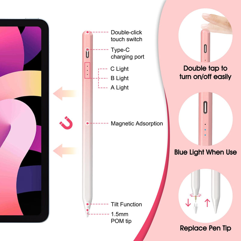 Stylus Pen for iPad,Palm Rejection Tilt Sensitivity Fast Charging Pencil Only Work for 2018 Or Later iPad 10/9/8/7/6th Gen,Pro 12.9&11",Mini 6/5,Air 5th/4th/3rd Gen,4 Replacement Nibs (Pink-White) Pink-White