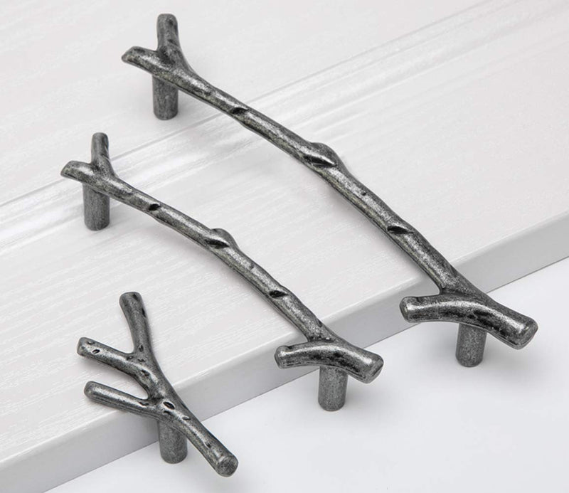 10 Pack Silver Twig Pulls Branch Zinc Alloy Decorative Cabinet Wardrobe Furniture Door Drawer Knobs Pulls Handles Hardware, (128mm) Hole Centers 5.04 in, 128 mm (Hole Distance)