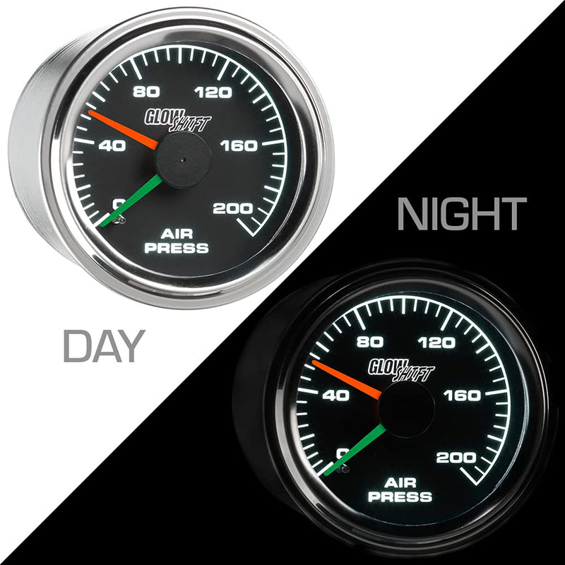 GlowShift 200 PSI Mechanical Dual Analog Air Pressure Gauge for Air Ride Suspension Systems - Black Dial - White LED Backlit - Clear Lens - Red & Green Needles - 2-1/16" 52mm