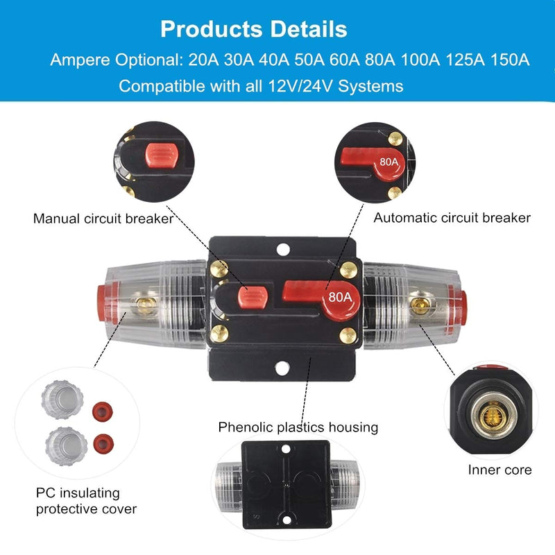 30A 40A 50A 60A 80A 100A 150A Audio Circuit Breaker Auto Car Stereo Inline Fuse Holders Inverter, Manual Reset 12V-24V DC for Automotive Marine Boat Audio System Protection (80A) WA80A