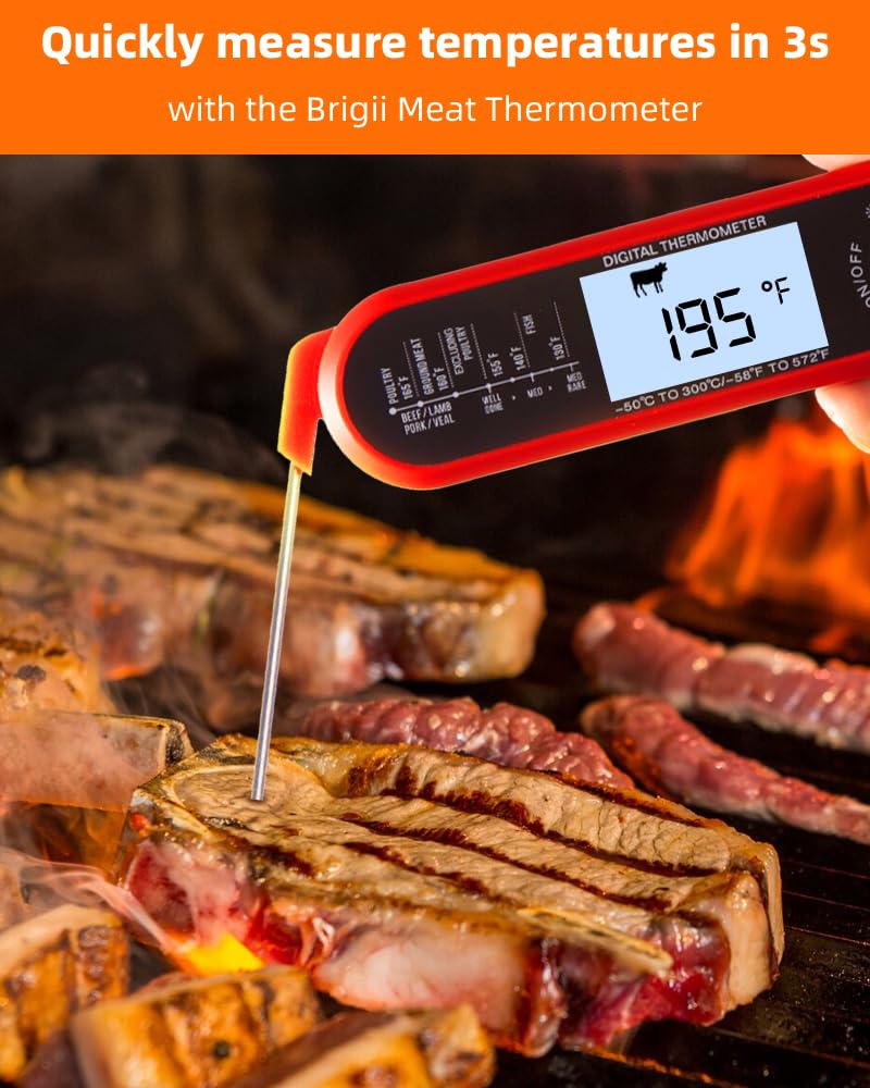 Brigii Meat Thermometer, Instant Read Digital Thermometer-Waterproof/Backlight, 43in Extended Probe and Folding Probe, Oven-Safe Design, Kitchen Food Thermometer for Deep Fry, Grilling, BBQ