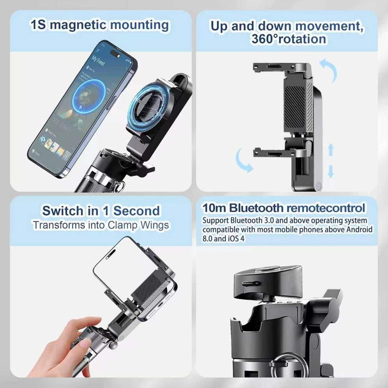 6-in-1 Magnetic Mini 20.5'' Selfie Stick for iPhone with LED Light. Can Converts into Mini Tripod/Phone Camera Grip/Handheld Stabilizer/Phone Stand. Selfie Stick with Rechargable Remote